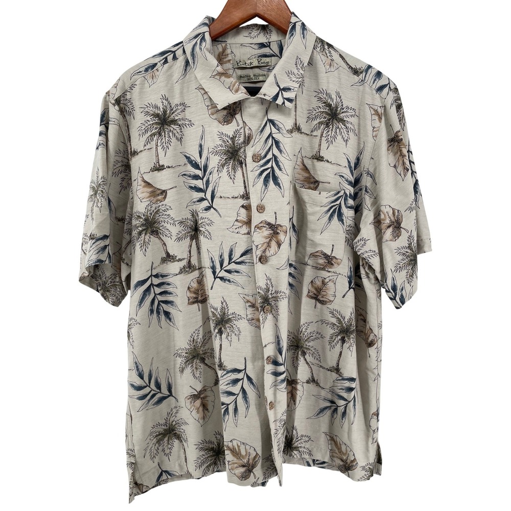 Batik Bay Hawaiian Shirt Mens Large 100% Silk‎ Tropical Camp Tan Blue Vaccay